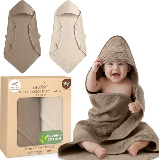 Organic Cotton Muslin Baby Hooded Towels - 81X81 Cm, 2 Pack Newborn Bath Towels for Boys & Girls, Soft & Absorbent Bath Set (Olive/Ivory)