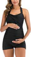Maternity One Piece Swimwear Retro Halter Swimsuit with Boyleg Pregnancy Bathing Suit Boyshort