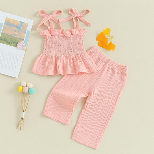 Toddler Baby Girls' 2Pcs Outfits Solid Color Sleeveless Tunic Top Boho Linen Pants Set Girls Summer Clothes