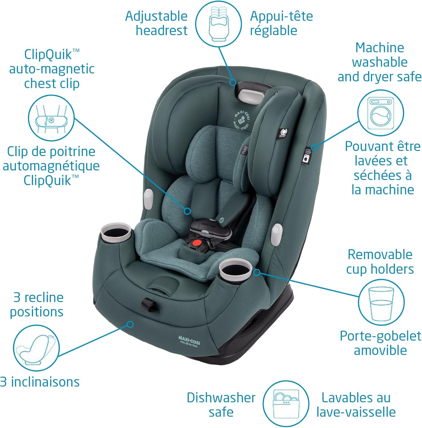 Pria All-In-One Car Seat, 3In1, Convertible from Infant to Toddler, Rear and Forward Facing, Booster Mode, Washable Seat Cover, Essential Green