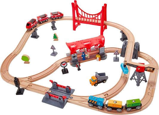 Busy City Train Rail Set | Complete City Themed Wooden Rail Toy Set for Toddlers with Passenger Train, Freight Train, Station, Play Figurines, and More, Multicolor, Model:E3730