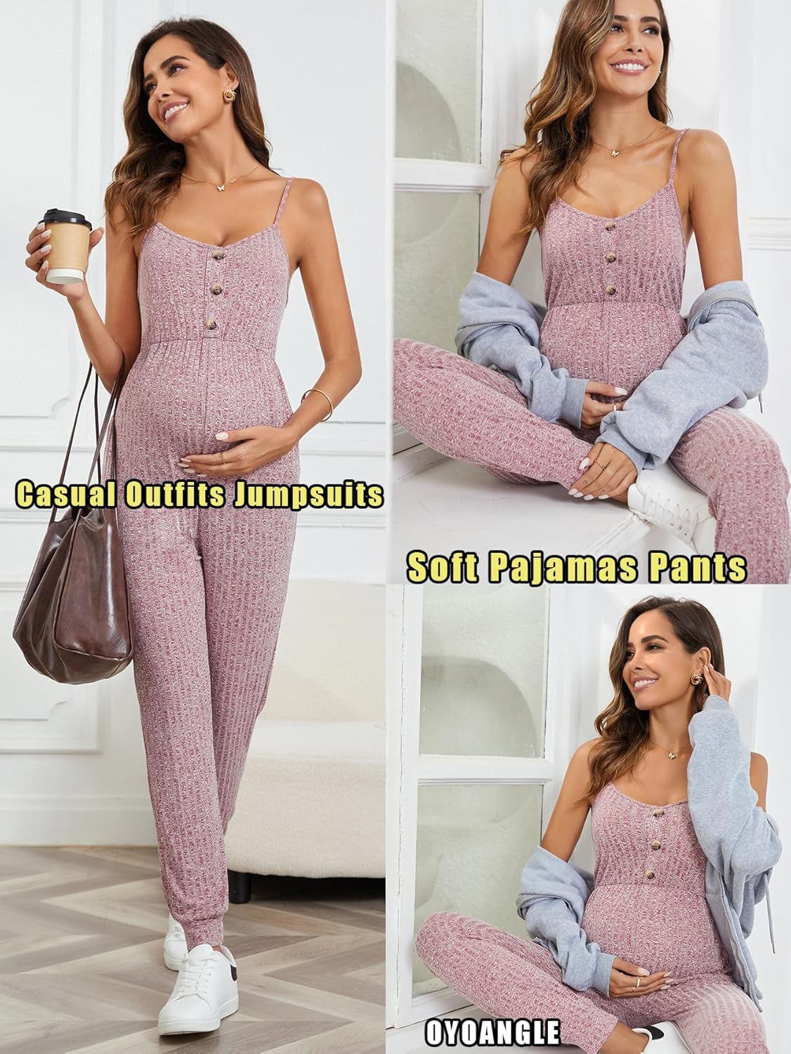 Women'S Maternity Ribbed Knit Cami Jumpsuit Button Spaghetti Strap Pregnancy Romper with Pockets