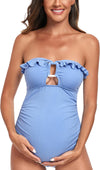 Maternity Ruffle Ribbed Cutout One Piece Swimwear Square Ring Linked Pregnancy Bathing Suit
