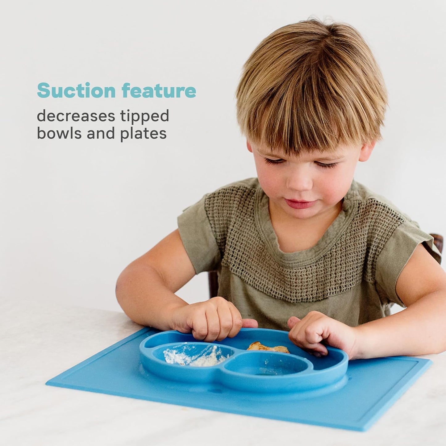Happy Mat (Sage) - 100% Silicone Suction Plate with Built-In Placemat for Toddlers + Preschoolers - Divided Plate - Dishwasher Safe