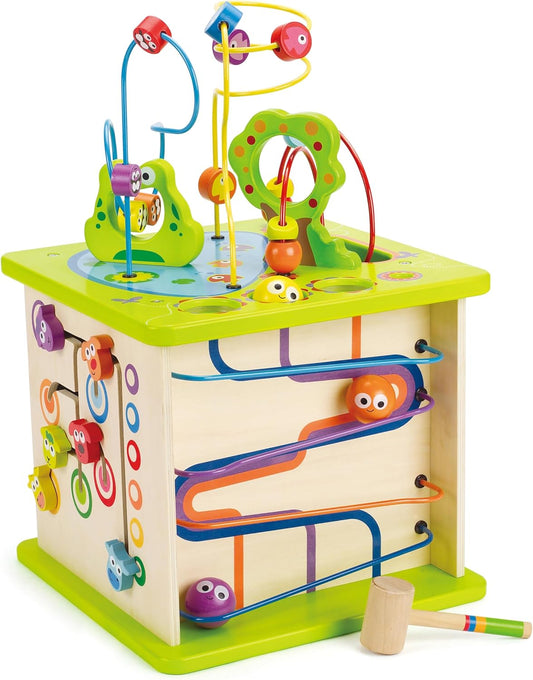 Country Critters Wooden Activity Play Cube by  International International International | Wooden Learning Puzzle Toy for Toddlers, 5-Sided Activity Center with Animal Friends, Ss, Mazes, Wooden Balls, S Sorter Blocks and More