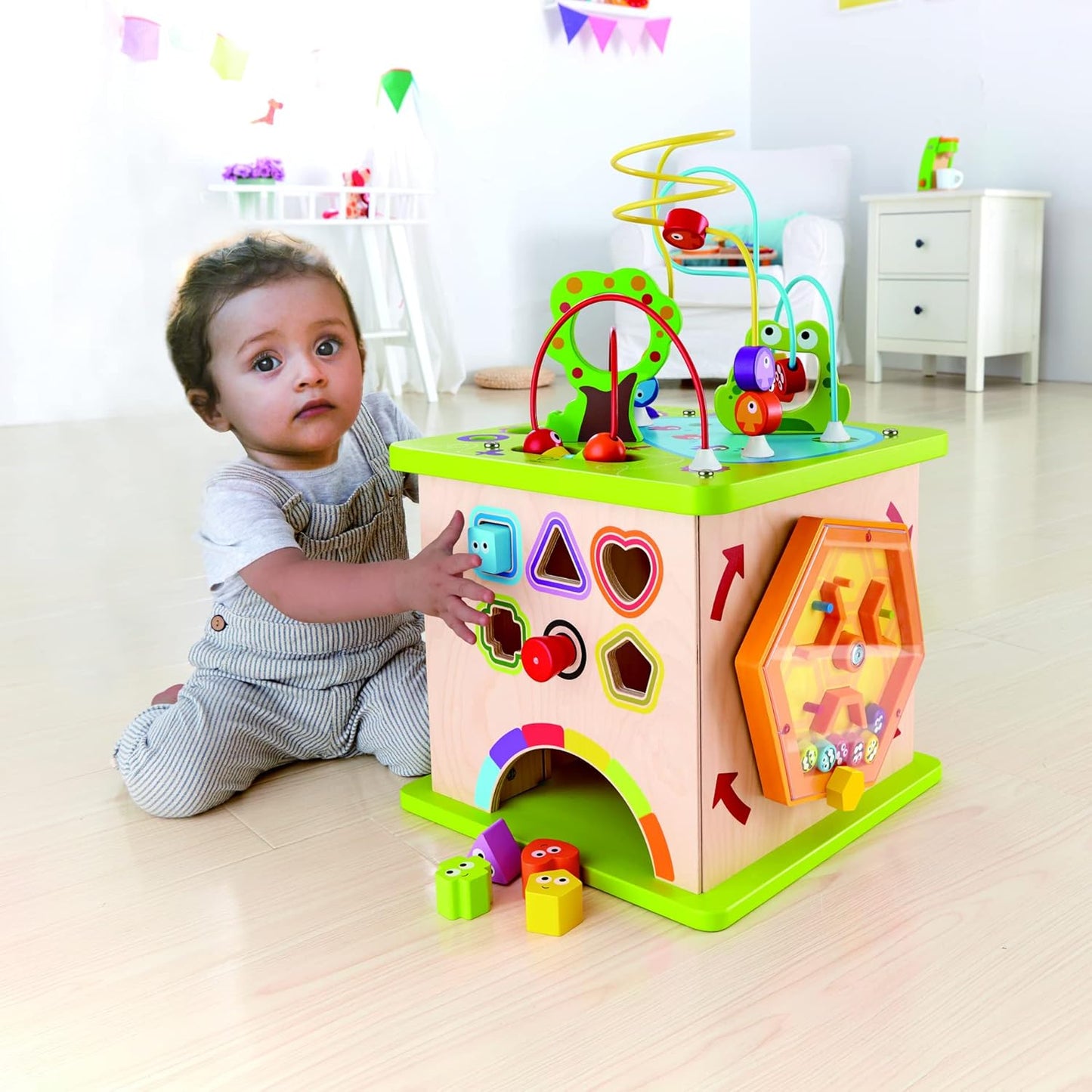 Country Critters Wooden Activity Play Cube by  International International International | Wooden Learning Puzzle Toy for Toddlers, 5-Sided Activity Center with Animal Friends, Ss, Mazes, Wooden Balls, S Sorter Blocks and More