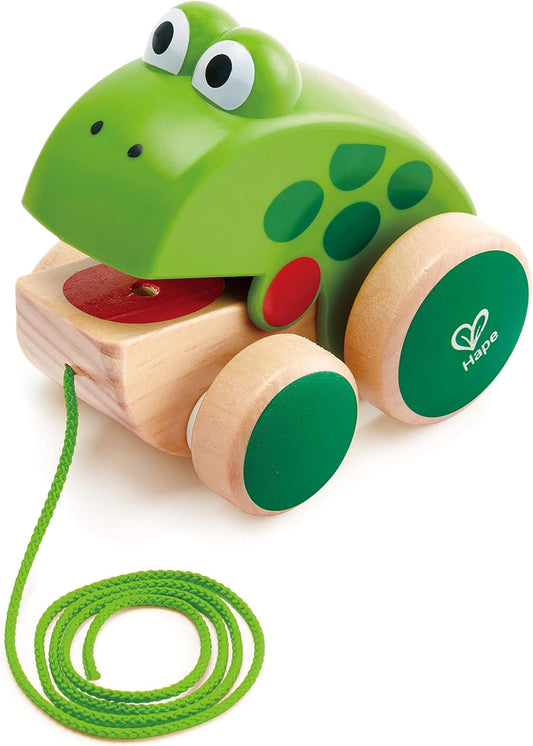 Frog Pull-Along | Wooden Frog Fly Eating Pull Toddler Toy, Bright Colors