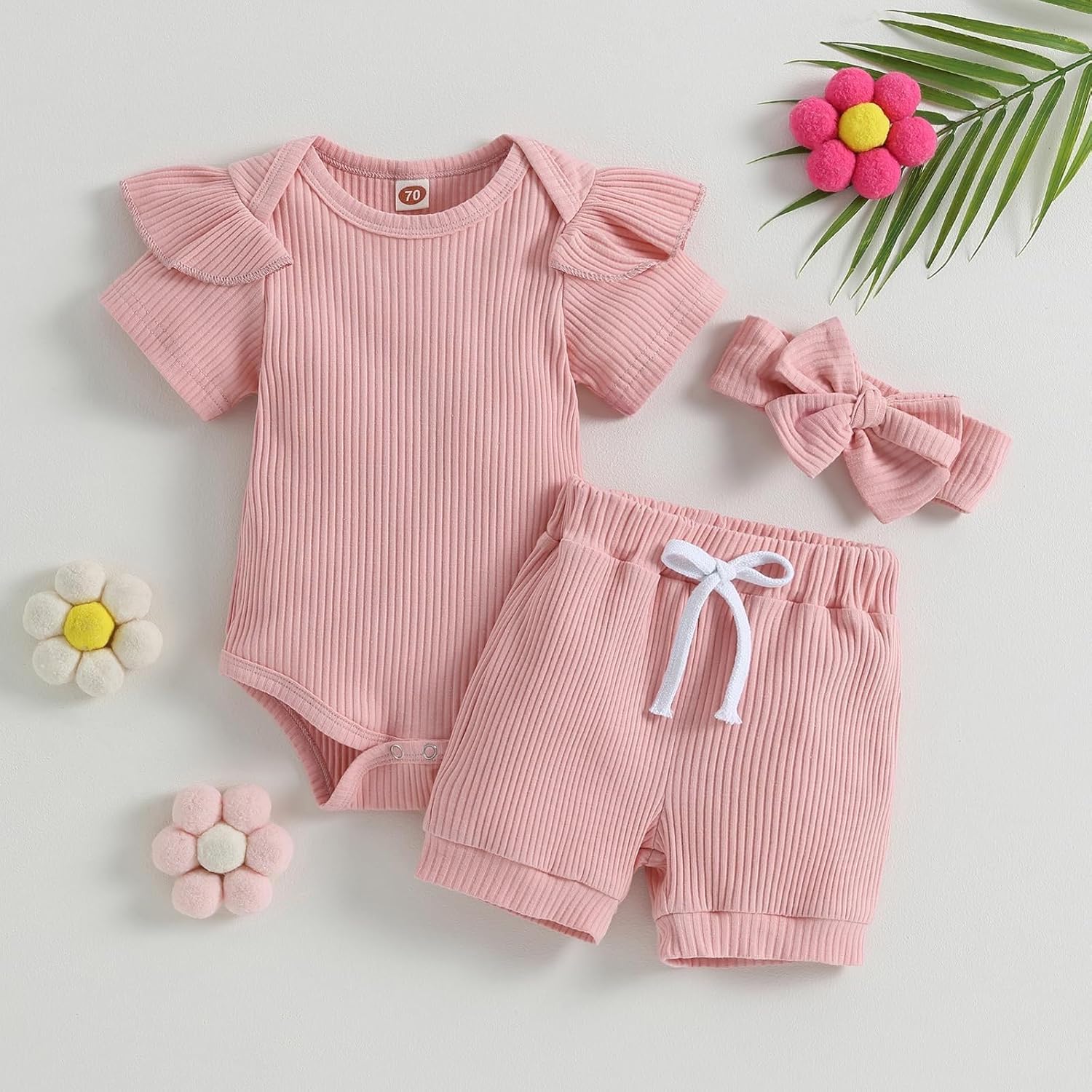 Newborn Girls Summer Outfits 3PCS Set - Ribbed Knit Romper + Shorts + Headband | Baby Girl Clothes Infant Bodysuit Set