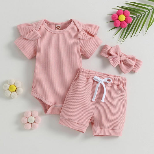 Newborn Girls Summer Outfits 3PCS Set - Ribbed Knit Romper + Shorts + Headband | Baby Girl Clothes Infant Bodysuit Set