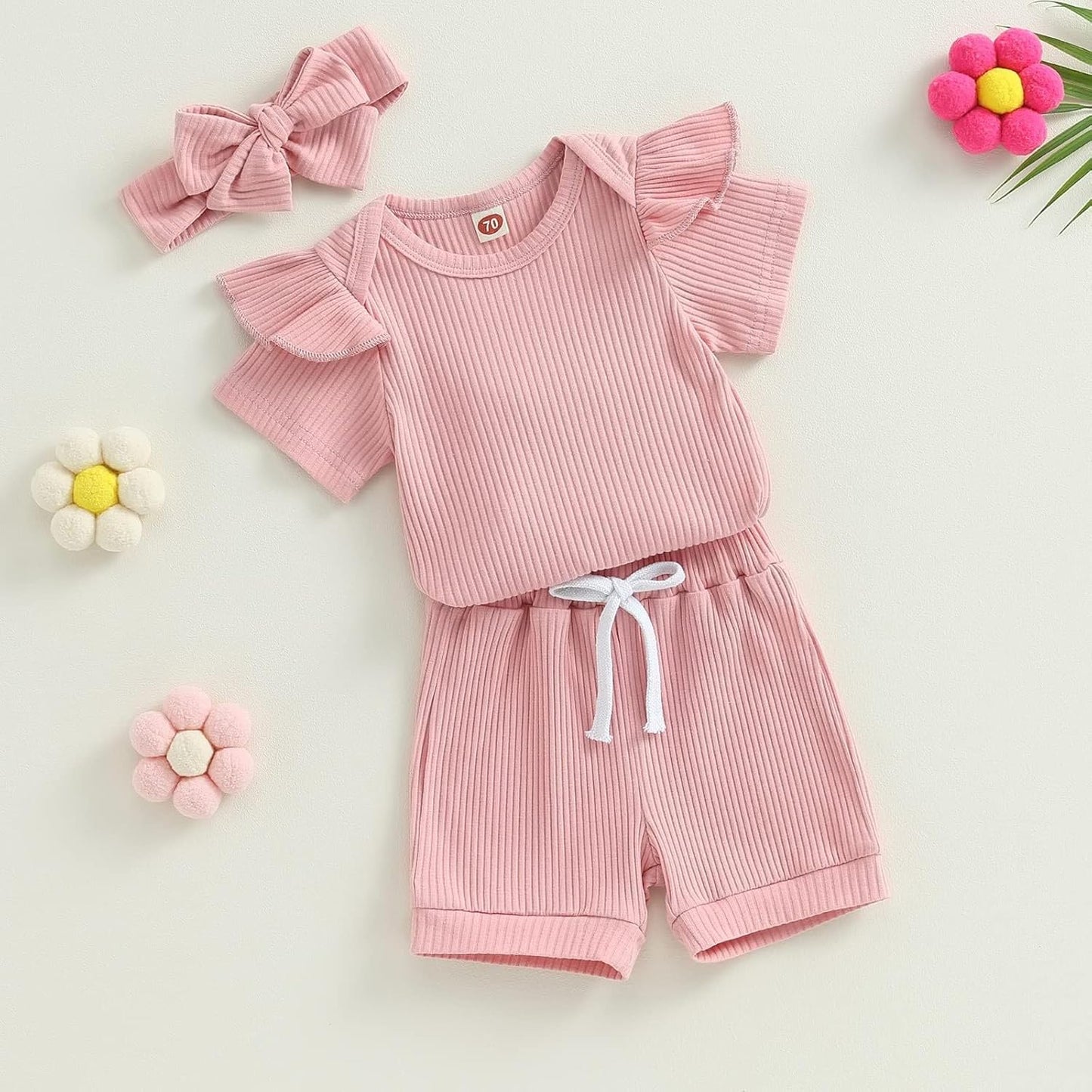 Newborn Girls Summer Outfits 3PCS Set - Ribbed Knit Romper + Shorts + Headband | Baby Girl Clothes Infant Bodysuit Set