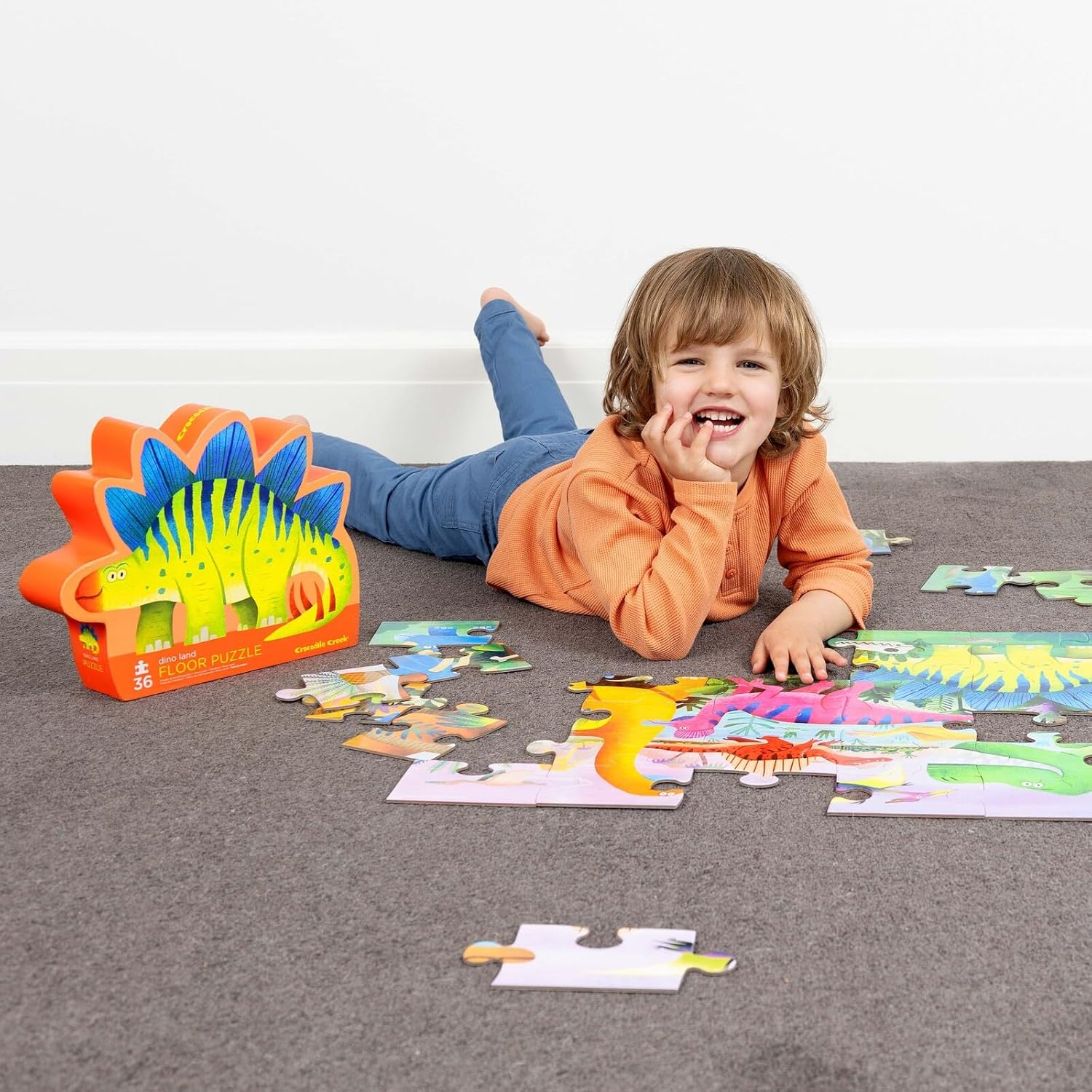 36-Piece Jigsaw Floor Puzzle - Fun Floor Puzzles for Kids Ages 3-5 - Heavy-Duty Shaped Box for Storage - Dino Land - 27" W X 20" H Finished