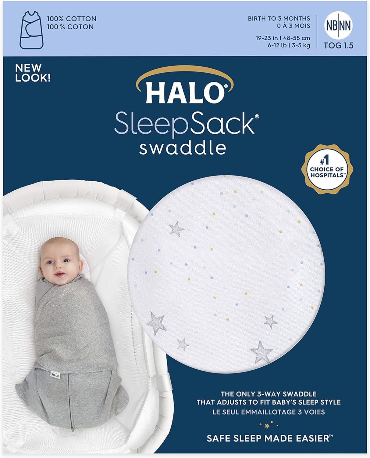 100% Cotton Sleepsack Swaddle, 3-Way Adjustable Wearable Blanket, TOG 1.5, Stardust, Newborn (Pack of 1)