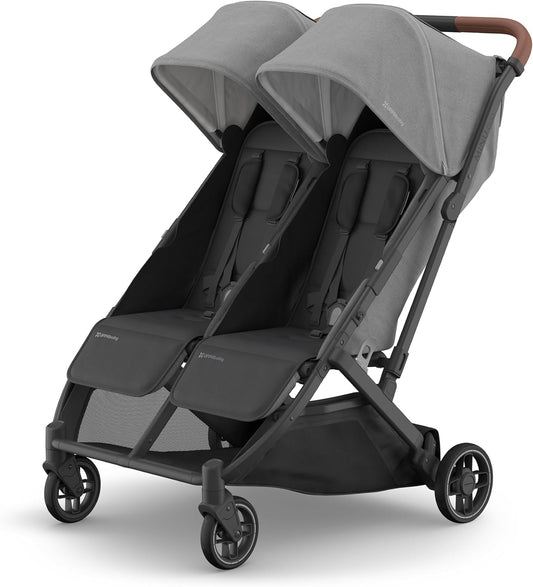Minu Duo Side-By-Side Double Stroller - Lightweight + Compact Design for Travel - Easy Fold- from Birth to Toddler - Independent Recline -Greyson(Charcoal Mélange/Carbon Frame/Saddle Leather)