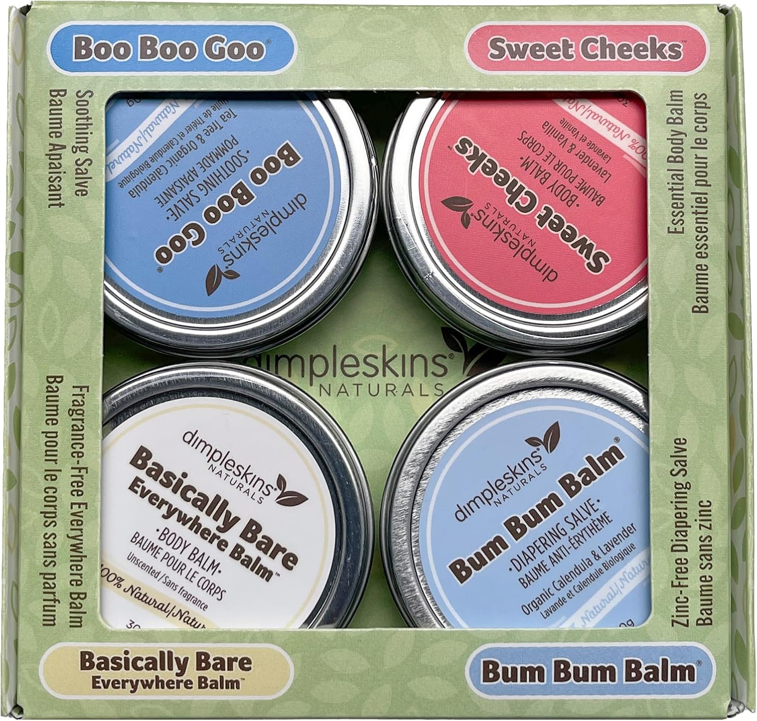 Dimpleskins Baby Gift Set All-Natural (4 Tins of 30 Grams) | Bum Bum Balm | Everywhere Balm | Cheeks Moisturizer | Boo Boo Goo | Baby Essentials for Diaper Bag | Soothe Skin with Calendula and Beeswax