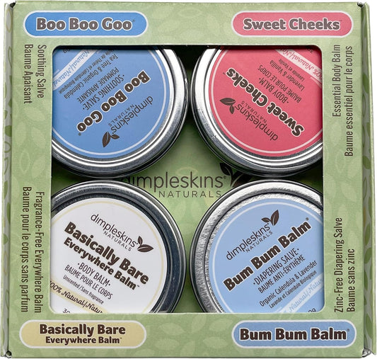 Dimpleskins Baby Gift Set All-Natural (4 Tins of 30 Grams) | Bum Bum Balm | Everywhere Balm | Cheeks Moisturizer | Boo Boo Goo | Baby Essentials for Diaper Bag | Soothe Skin with Calendula and Beeswax