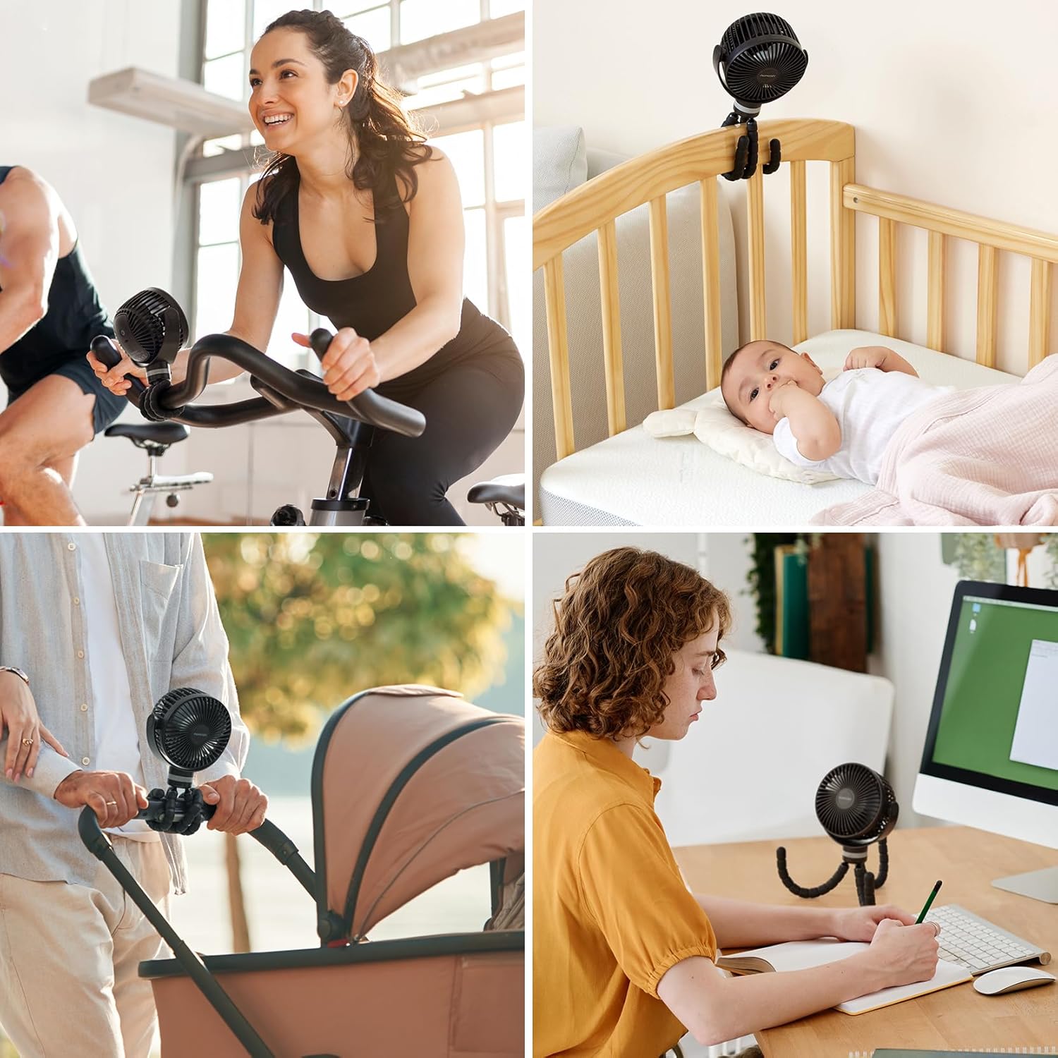Portable Stroller Fan, 27H Ultra-Long Battery Life, Detachable 4 Speed 360°Rotate, LED Night Light with 2 Modes, USB Rechargeable and Handheld Cooling Fan for Travel, Car Seat