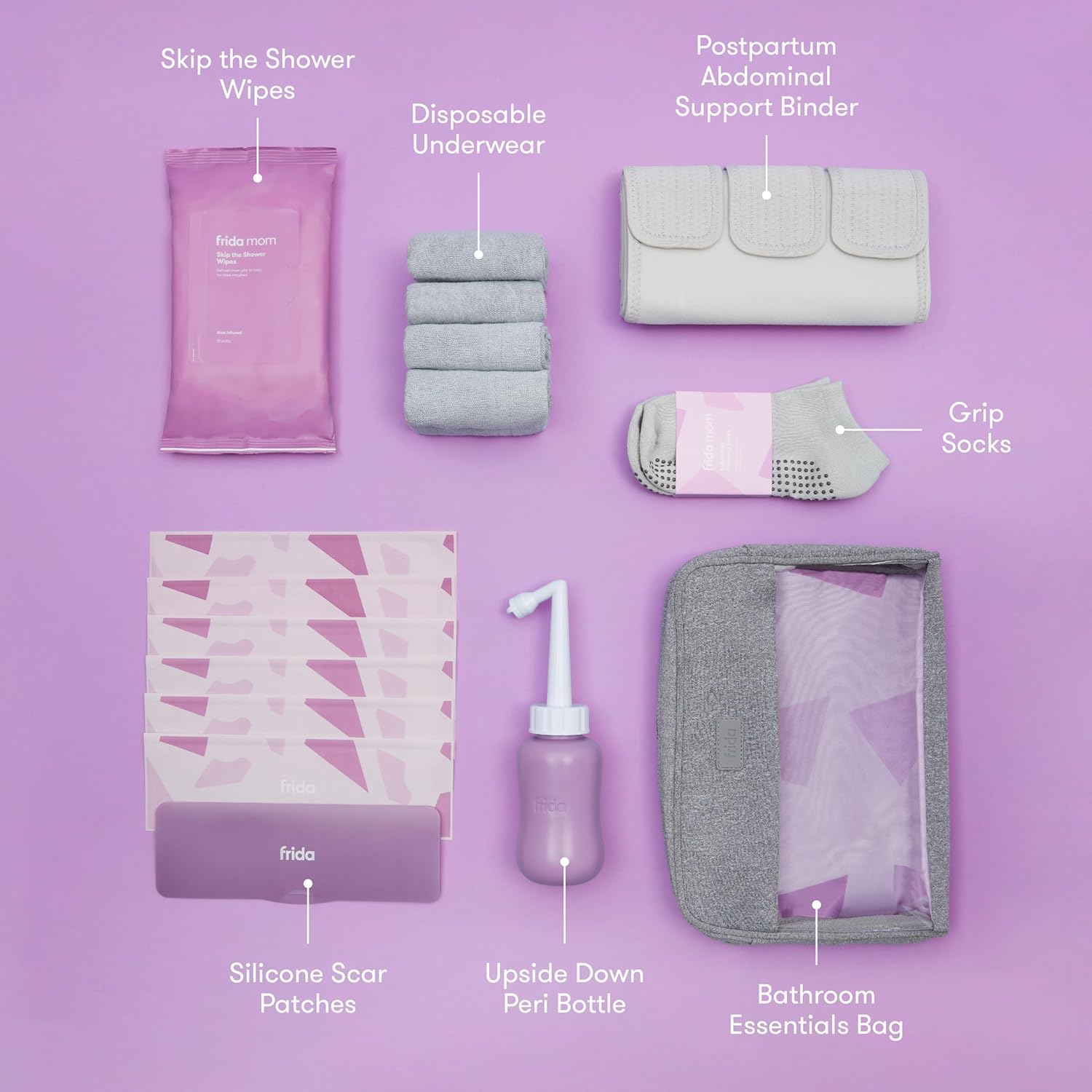 Frida Mom C-Section Recovery Must Have Kit for Labor, Delivery, & Postpartum, Socks, Peri Bottle, Disposable Underwear, Abdominal Support Binder, Shower Wipes, Silicone Scar Patches, & Toiletry Bag