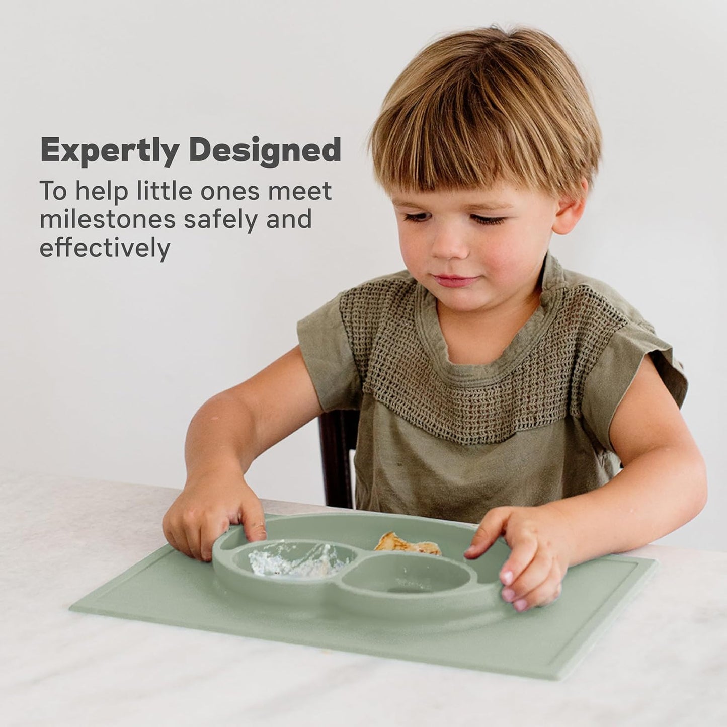 Happy Mat (Sage) - 100% Silicone Suction Plate with Built-In Placemat for Toddlers + Preschoolers - Divided Plate - Dishwasher Safe
