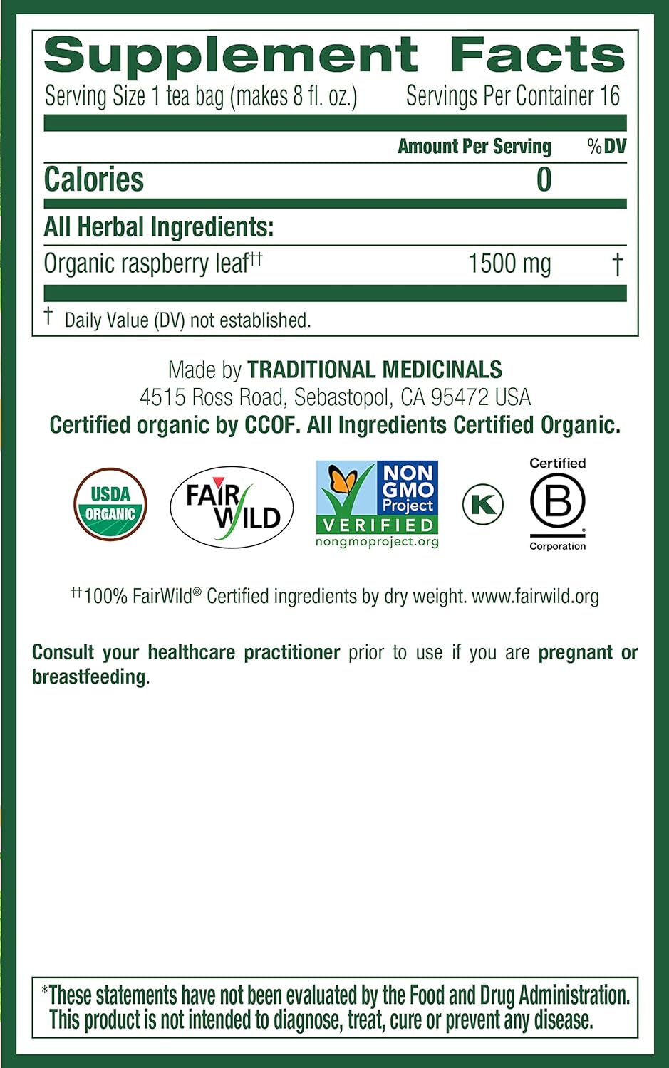 Organic Raspberry Leaf Herbal Tea - 16 Tea Bags