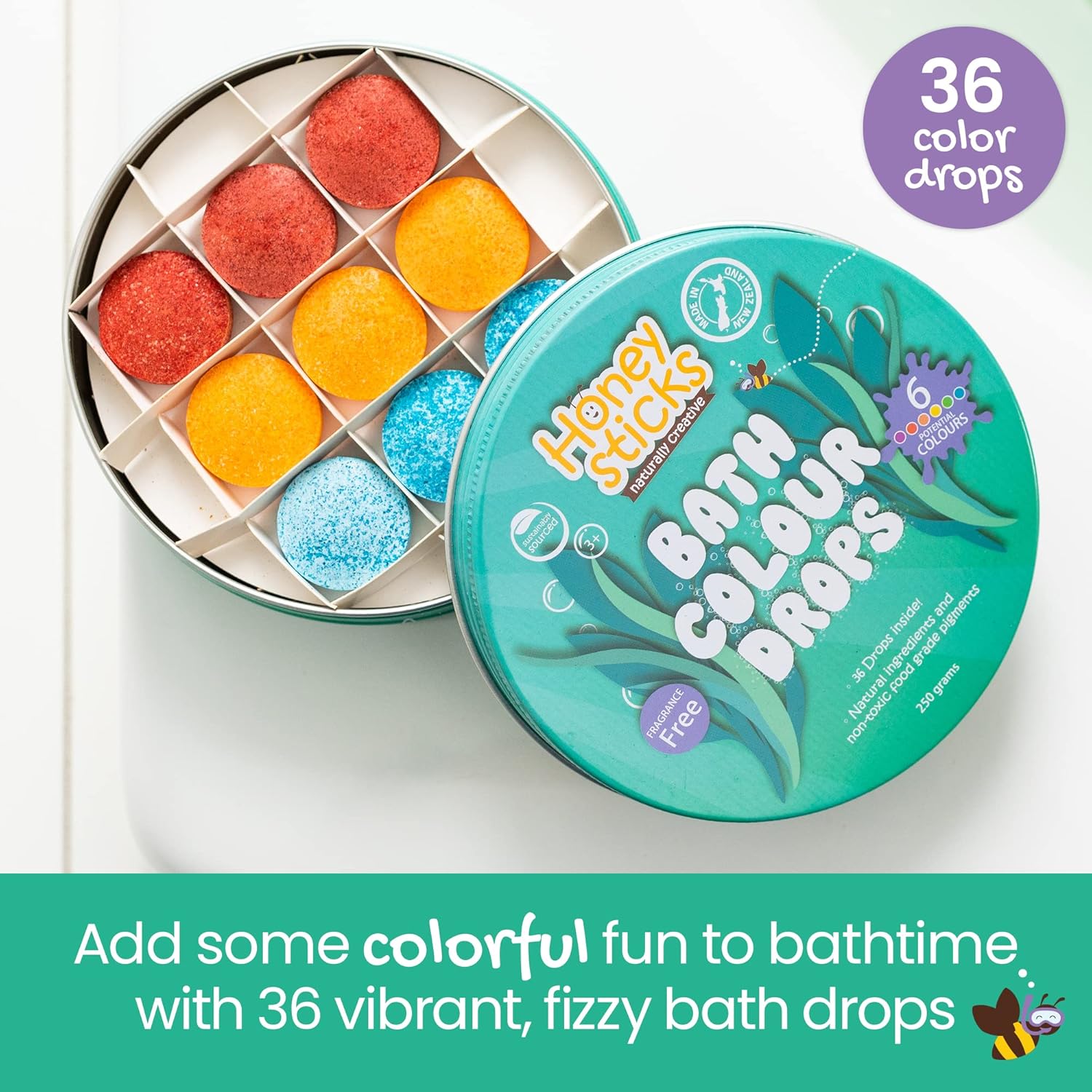 Bath Colour Tablets for Kids - Non Toxic Bathtub Drops Made with Natural Ingredients and Food Grade Colours - Fragrance Free - Fizzy, Brightly Coloured Bathtime Fun, Great Gift - 36 Drops