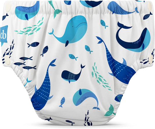 Reusable Swim Diaper, Washable, with Easy on and off Snaps for Baby Girls Boys, Soft and Snug Waterproof Fit to Prevent Leaks - the Whale on White, Size M (16-28 Lbs)