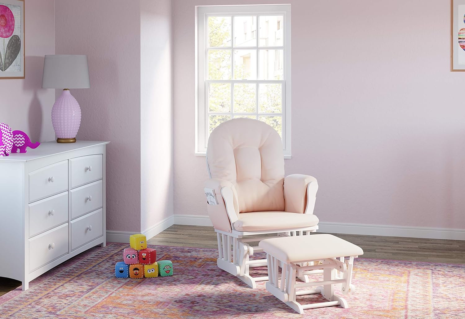 Hoop Glider and Ottoman, White/Pink