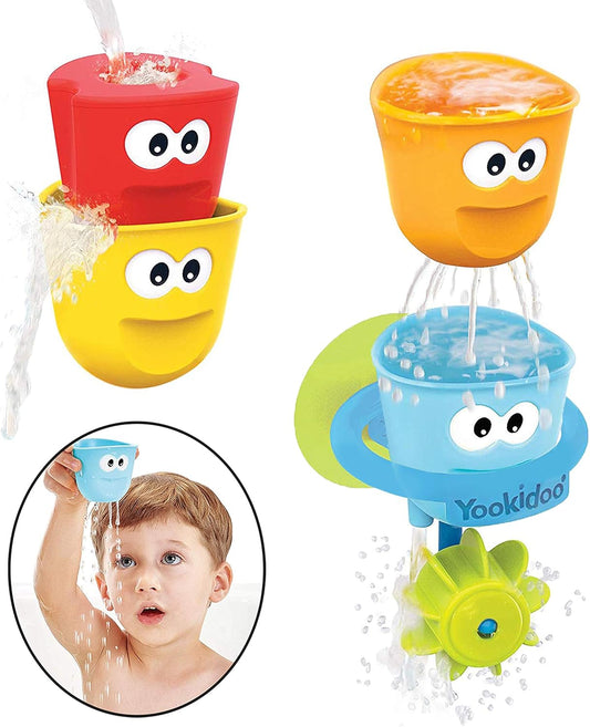 Baby Bath Toys - Fill 'N' Spill Set of Four Stackable Cups with Suction Cup Ring Holder and Water Wheel- Sensory Toy for Bath Time - Attaches to Any Bath Tub