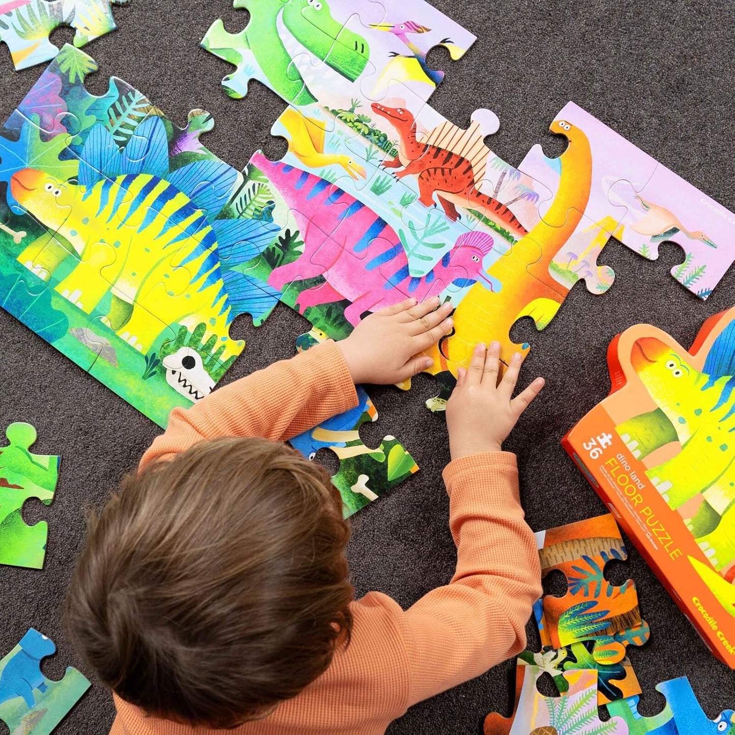36-Piece Jigsaw Floor Puzzle - Fun Floor Puzzles for Kids Ages 3-5 - Heavy-Duty Shaped Box for Storage - Dino Land - 27" W X 20" H Finished