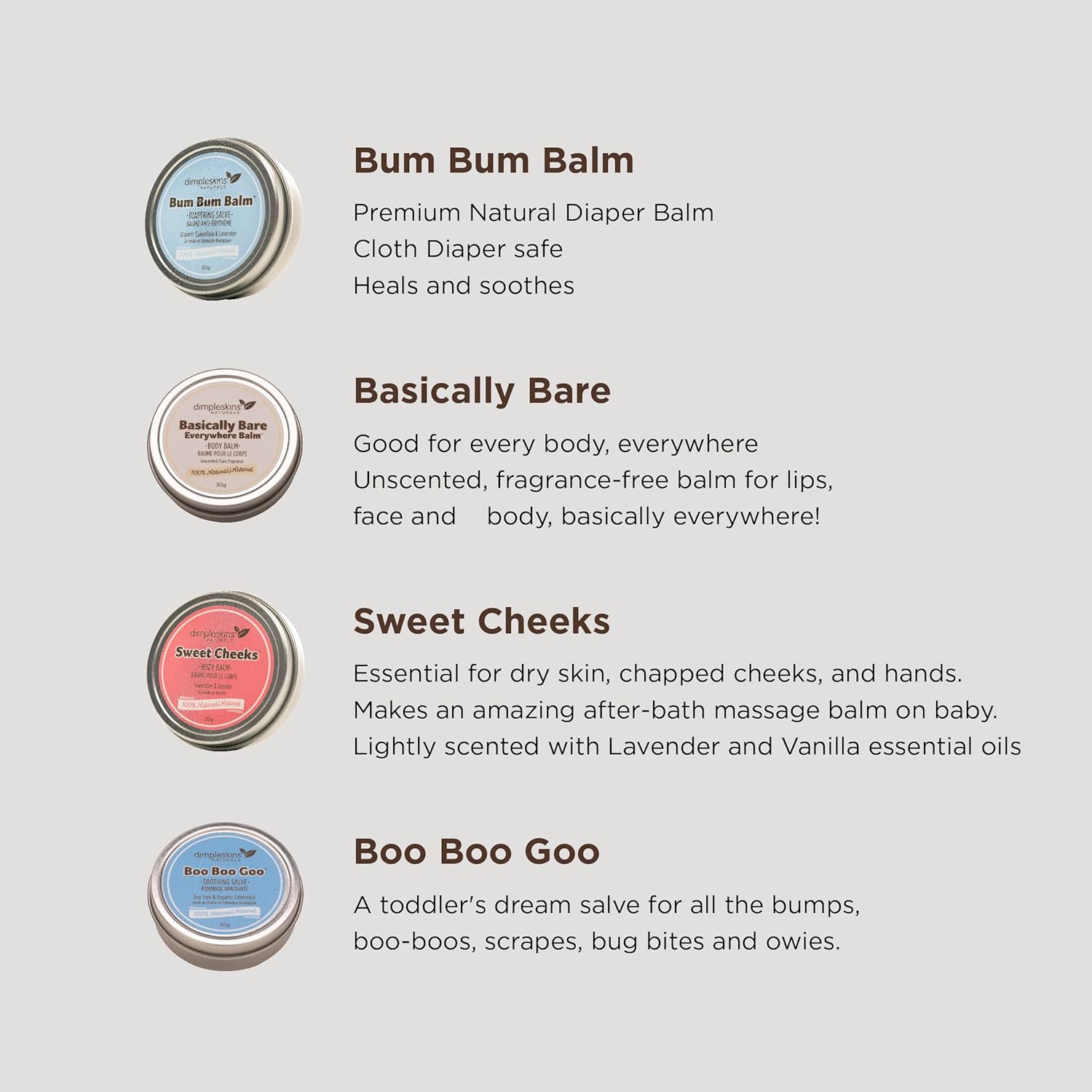 Dimpleskins Baby Gift Set All-Natural (4 Tins of 30 Grams) | Bum Bum Balm | Everywhere Balm | Cheeks Moisturizer | Boo Boo Goo | Baby Essentials for Diaper Bag | Soothe Skin with Calendula and Beeswax