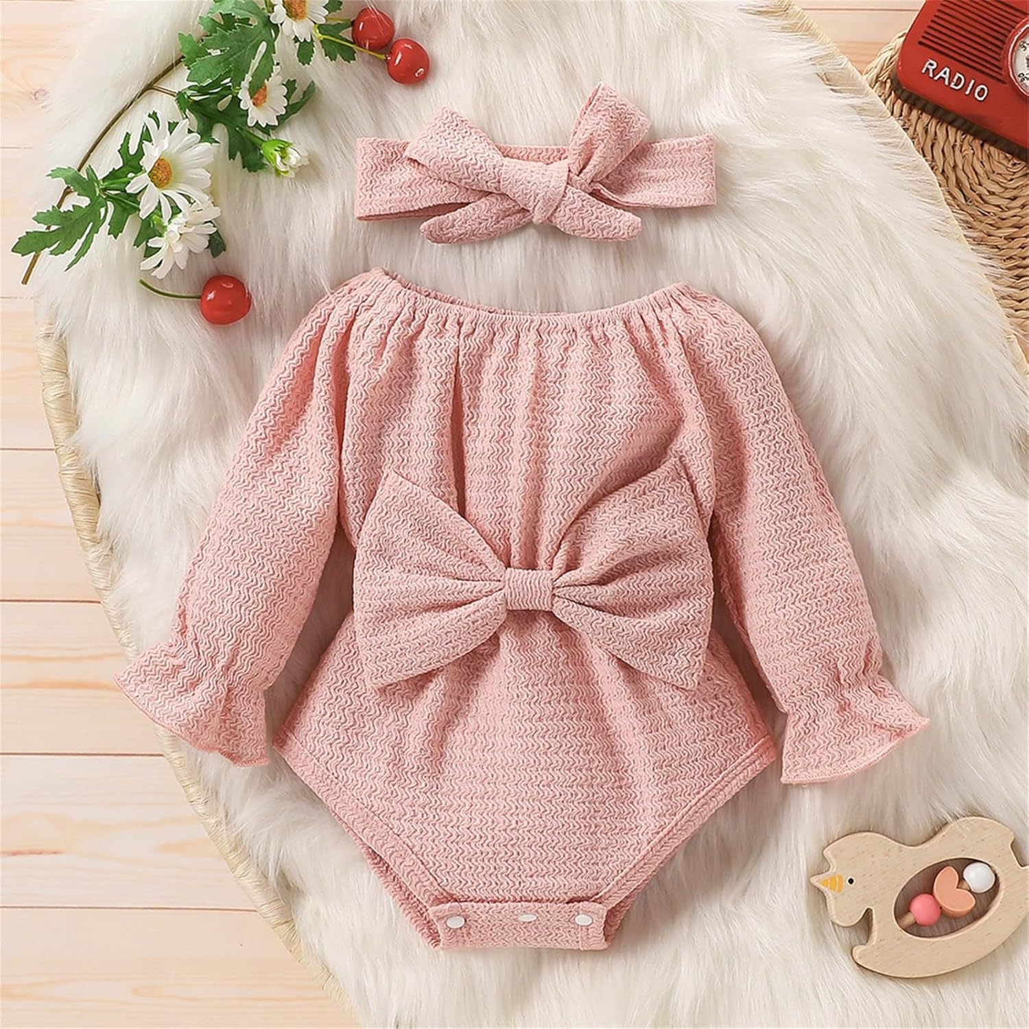 Newborn Baby Girl Spring Outfit Linen Ruffle Bubble Long Sleeve Romper Bodysuit+Headband Jumpsuit Infant Clothes