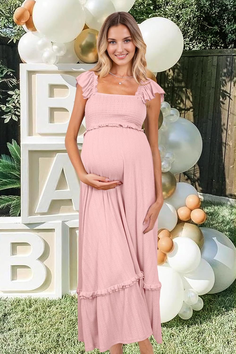 Womens 2025 Summer Maternity Photoshoot Dress Boho Maxi Smocked Baby Shower Dress Ruffle Sleeve Maternity Clothes