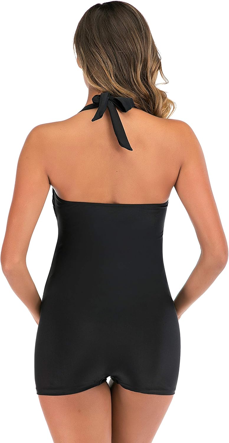 Maternity One Piece Swimwear Retro Halter Swimsuit with Boyleg Pregnancy Bathing Suit Boyshort