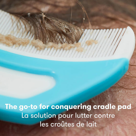 the 3-Step Cradle Cap System & Cradle Cap Treatment, Dermafrida the Flakefixer, Sponge, Brush, Comb and Storage Stand for Babies with Cradle Cap, White-Blue