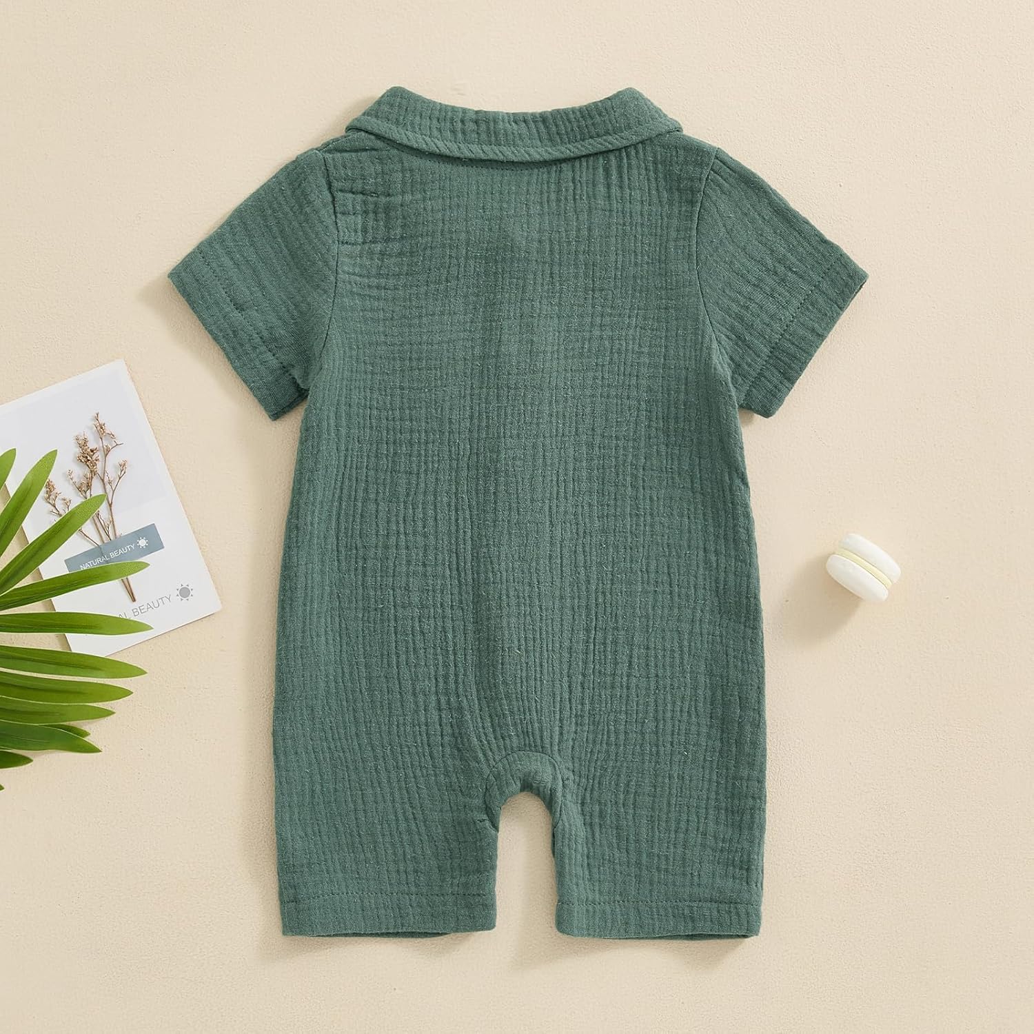 Baby Boy Cotton Linen Jumpsuit Infant Summer Romper Solid Color Short Sleeve Lapel Button down Overalls Bodysuit