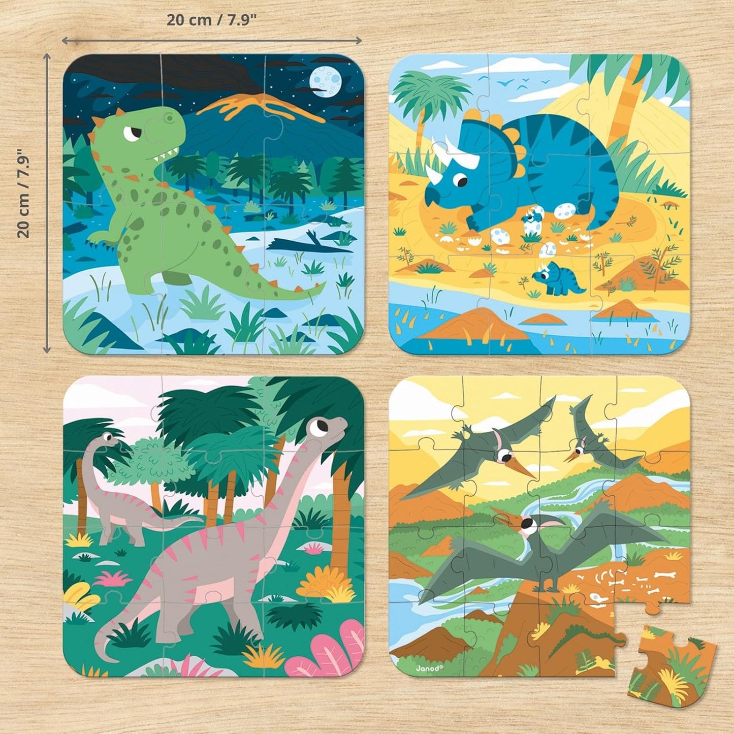• 4 Progressive Difficulty Dinosaurs Jigsaw Puzzle • 6, 9, 12, 16 Pieces • 20 X 20 Cm Cardboard Puzzle • Educational Toys Gift for Kids Boys and Girls 2-4 Years • J02657