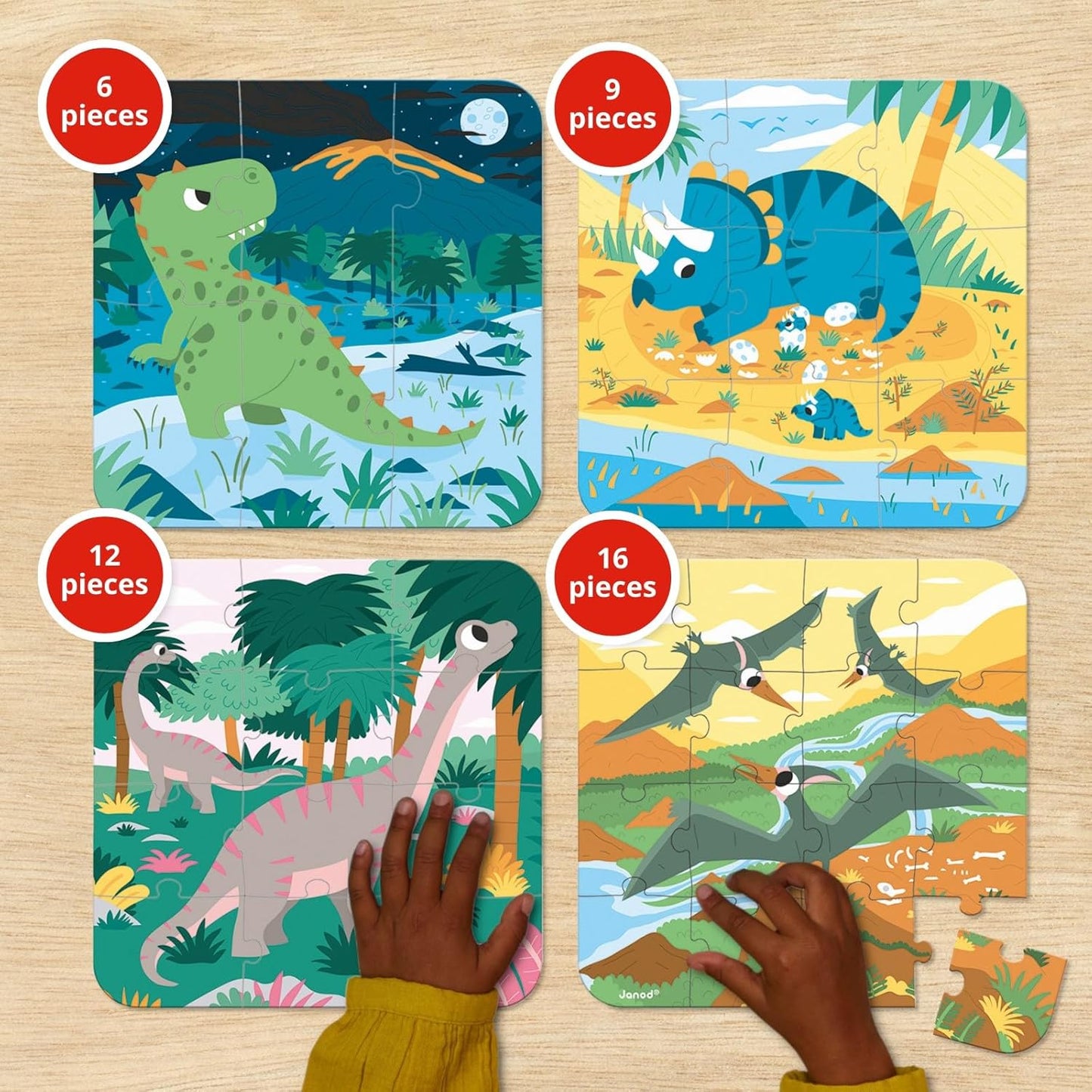 • 4 Progressive Difficulty Dinosaurs Jigsaw Puzzle • 6, 9, 12, 16 Pieces • 20 X 20 Cm Cardboard Puzzle • Educational Toys Gift for Kids Boys and Girls 2-4 Years • J02657