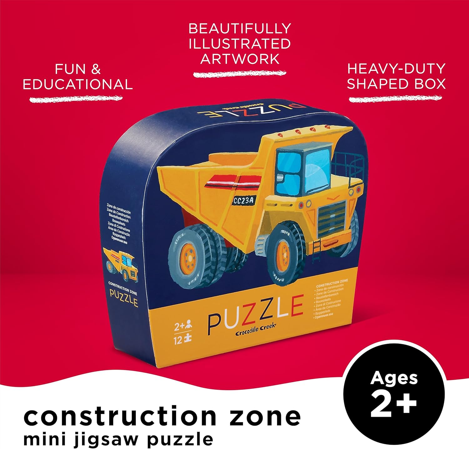 12-Piece Mini Jigsaw Puzzle - Fun Floor Puzzles for Kids Ages 2-4 and up - Heavy-Duty Shaped Box for Storage - Construction Zone with Dump Truck - 12" X 9" Finished