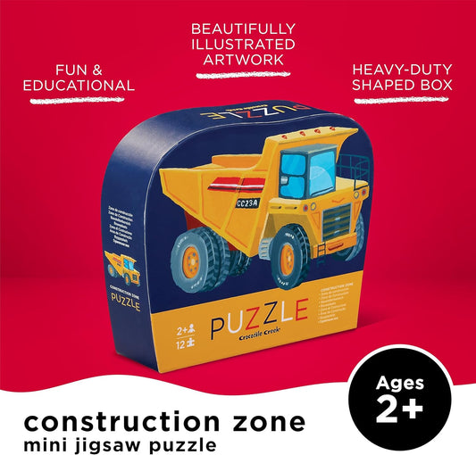 12-Piece Mini Jigsaw Puzzle - Fun Floor Puzzles for Kids Ages 2-4 and up - Heavy-Duty Shaped Box for Storage - Construction Zone with Dump Truck - 12" X 9" Finished