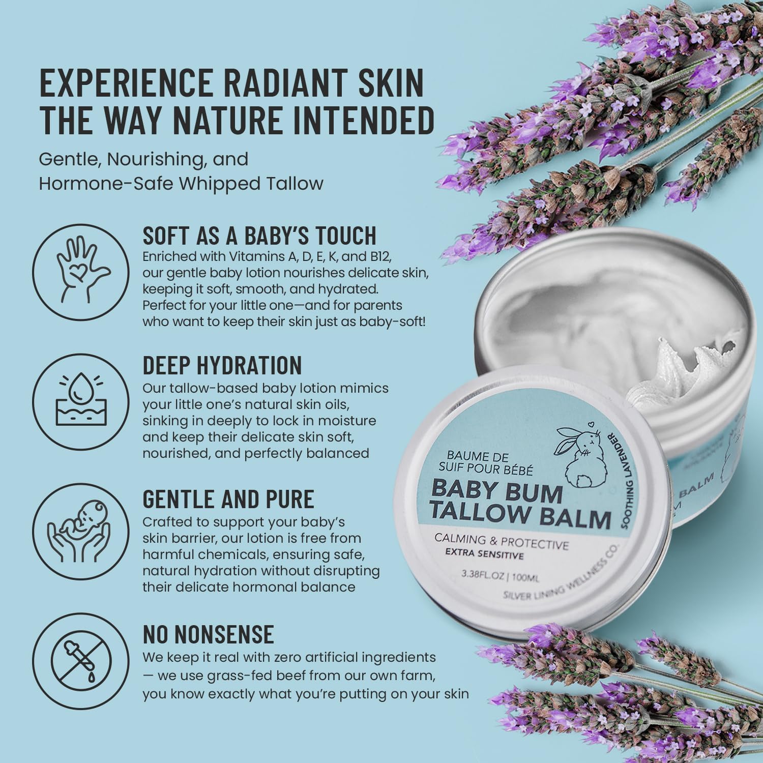 Whipped Beef Tallow Face Cream, Baby Body & Face Moisturizer, Grass Fed Beef Tallow Skincare with Zinc Oxide, Phthalates & Parabens Free, Suif De Boeuf Made in Canada, 3.38Floz, Soothing Lavender