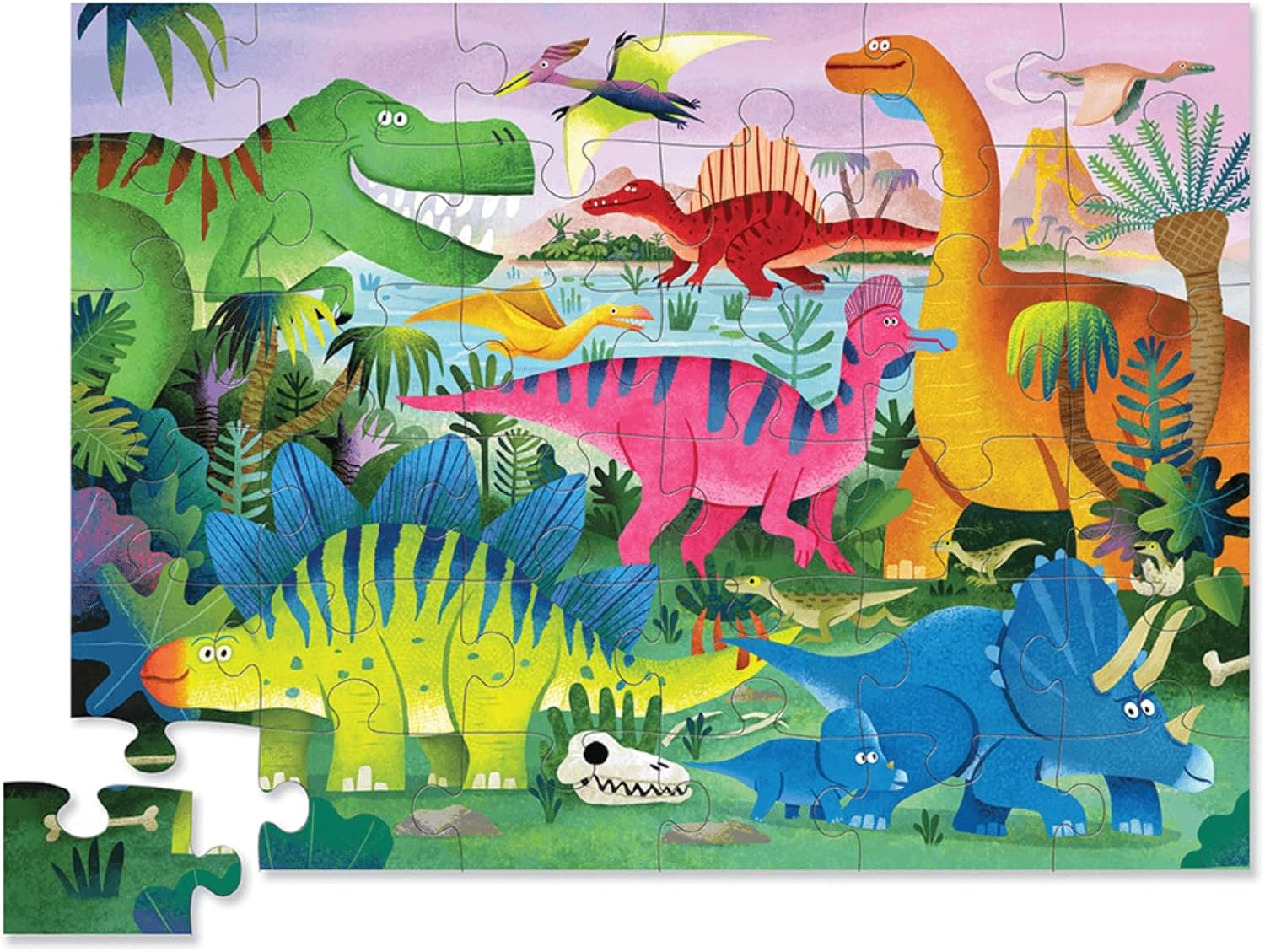36-Piece Jigsaw Floor Puzzle - Fun Floor Puzzles for Kids Ages 3-5 - Heavy-Duty Shaped Box for Storage - Dino Land - 27" W X 20" H Finished