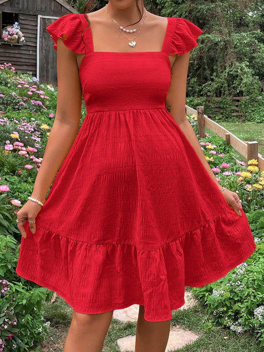 Women'S Maternity Tie Backless Ruffle Trim Short Sleeve Square Neck a Line Dress Solid Plain Flared Dresses