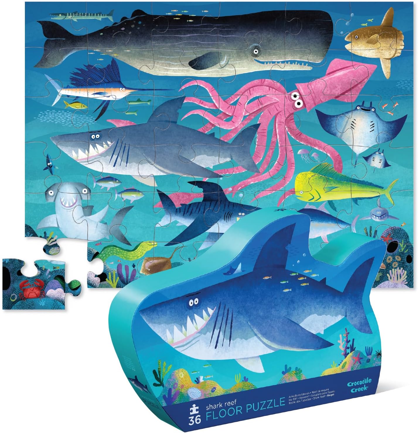 36-Piece Jigsaw Floor Puzzle - Fun Floor Puzzles for Kids Ages 3-5 - Heavy-Duty Shaped Box for Storage - Shark Reef - 24" W X 18" H Finished