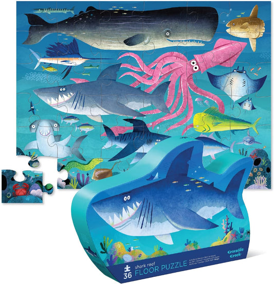 36-Piece Jigsaw Floor Puzzle - Fun Floor Puzzles for Kids Ages 3-5 - Heavy-Duty Shaped Box for Storage - Shark Reef - 24" W X 18" H Finished