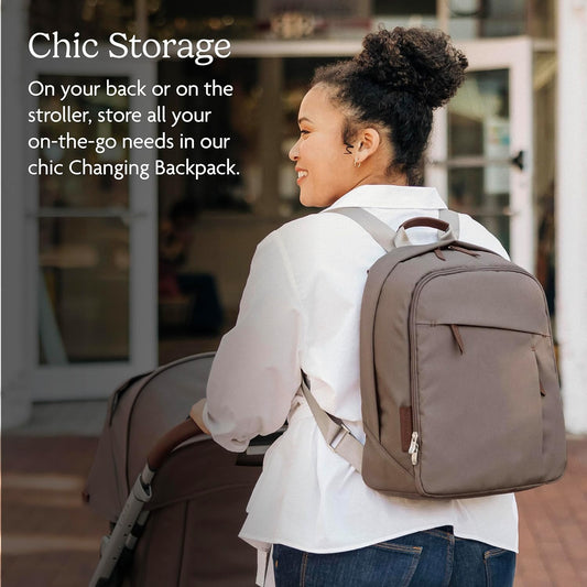 Changing Backpack/Multiple Storage Compartments/Stroller Strap Attachment/Bottle Insulator and Changing Pad Included/Anthony (White and Grey Chenille/Chestnut Leather)