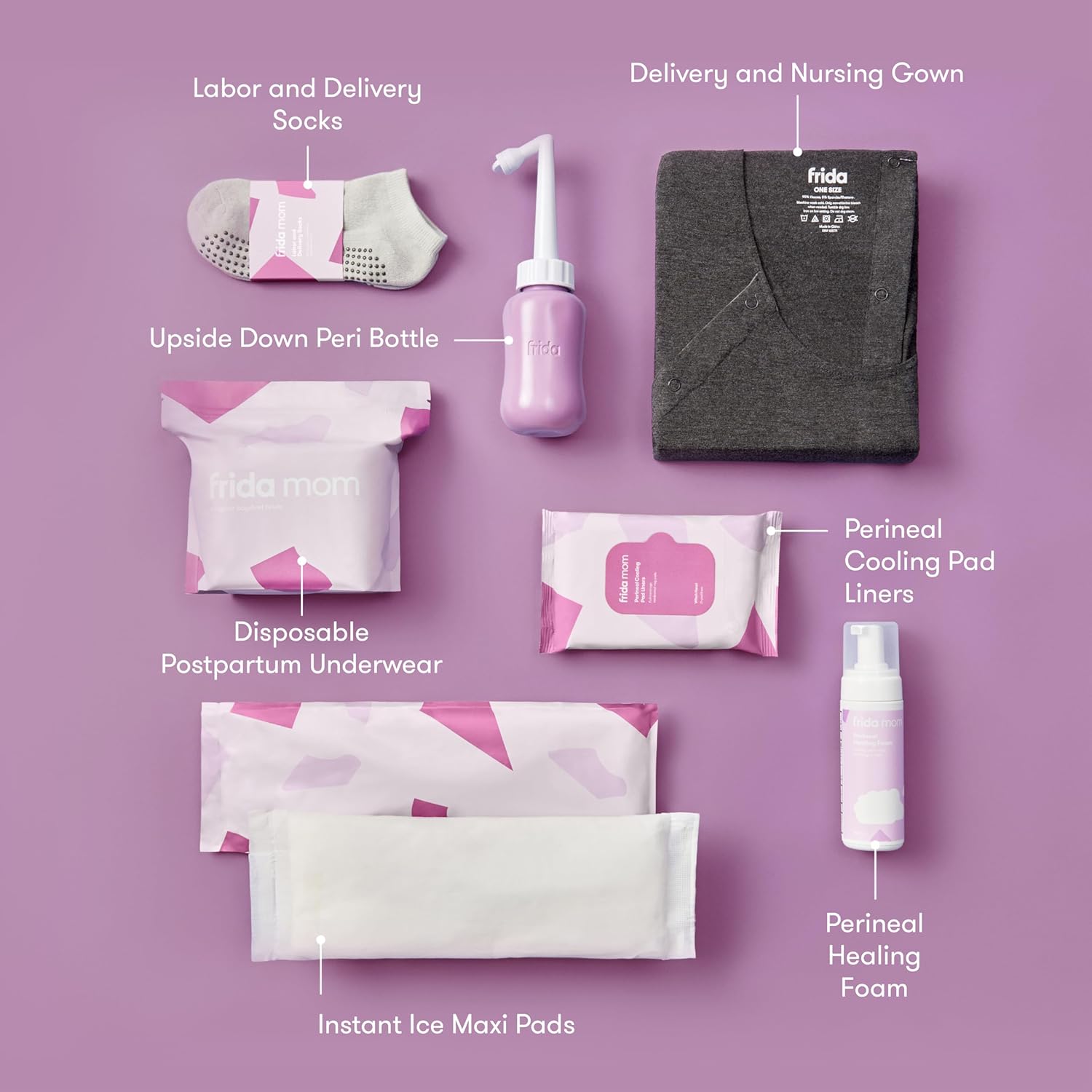 Frida Mom 15Pc Labor, Delivery, & Postpartum Kit Gift Set for Baby Showers & Mom to Be, Includes Peri Bottle, Nursing Gown, Disposable Underwear, Ice Maxi Pads, Pad Liners, Perineal Foam, Socks & Toiletry Bag