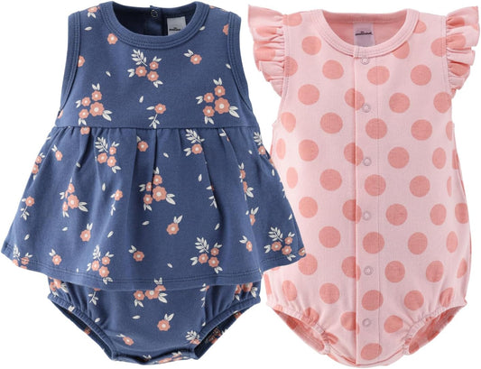 Baby Girl Rompers 2 Pack - 100% Cotton Clothes and Dresses for Newborn, Infant and Baby Girls - Navy Floral