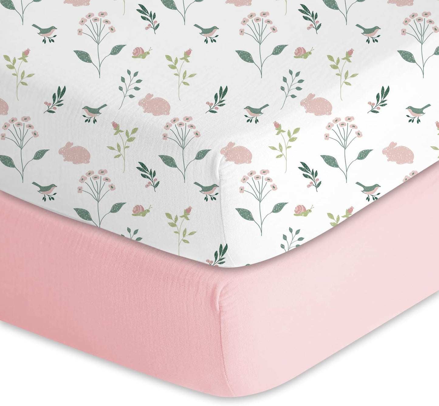 Muslin Crib Sheet,2Pk 100% Cotton Crib Sheets for Standard Crib Mattress & Toddler Bed Mattress 52"X28", Soft Breathable Neutral Crib Sheets Fitted for Boys Girls, Pink Bunny