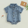Infant Newborn Baby Boys Girls Denim Jumpsuit Solid Short Sleeve Turn-Down Collar Baby Jumpsuits Summer Buttons Casual Bodysuits
