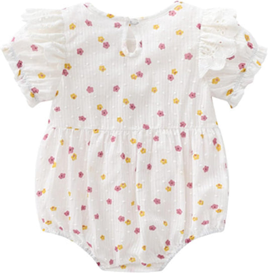 Newborn Baby Girl Summer Clothes Vintage Floral Romper round Neck Short Sleeve Bodysuit Jumpsuit+Hat