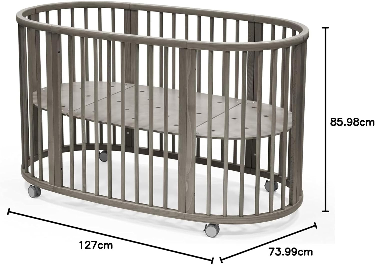 Sleepi Bed, Hazy Grey - Oval Crib Suitable for Ages 0-5 Years Old - Adjustable, Stylish & Flexible - Sturdy Beech Wood Frame